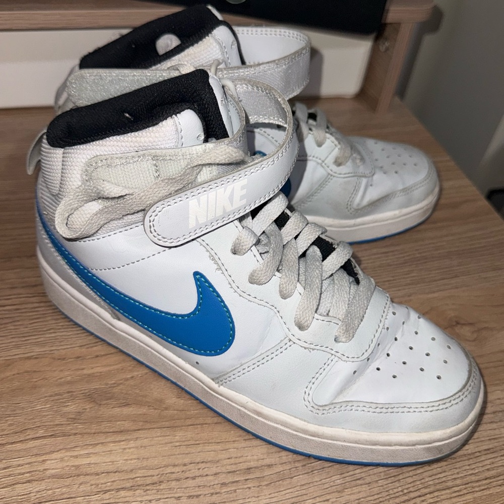 Nike Kids White and Blue High-Top Sneakers with Velcro Strap